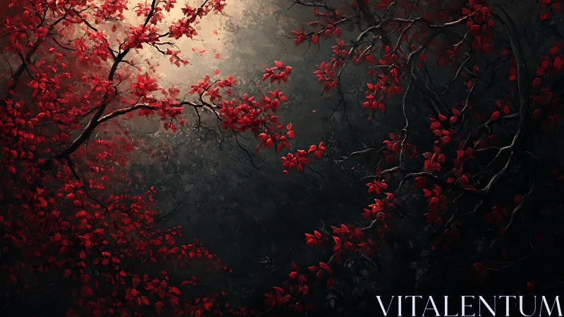 Crimson branches frame chiaroscuro forest void composition.