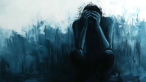 Solitary figure absorbs crushing weight of blue despair.