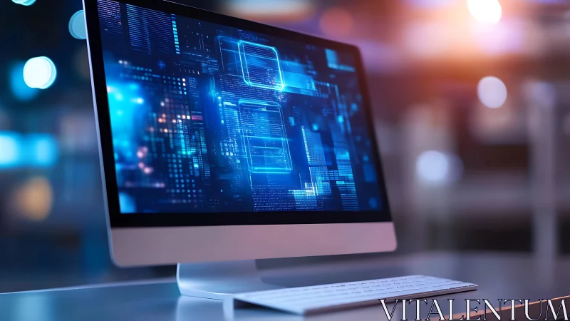Glowing desktop screen with futuristic data streams.