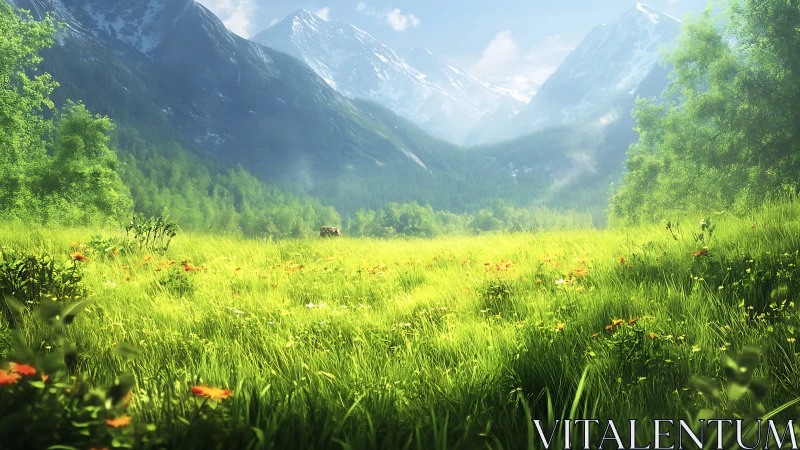 Sunlit alpine meadow opening toward distant snowy peaks.