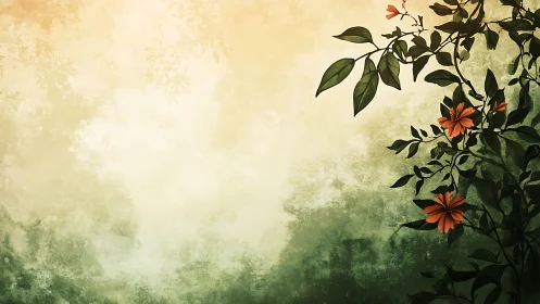 Orange flowers with green foliage against textured cream and green gradient background