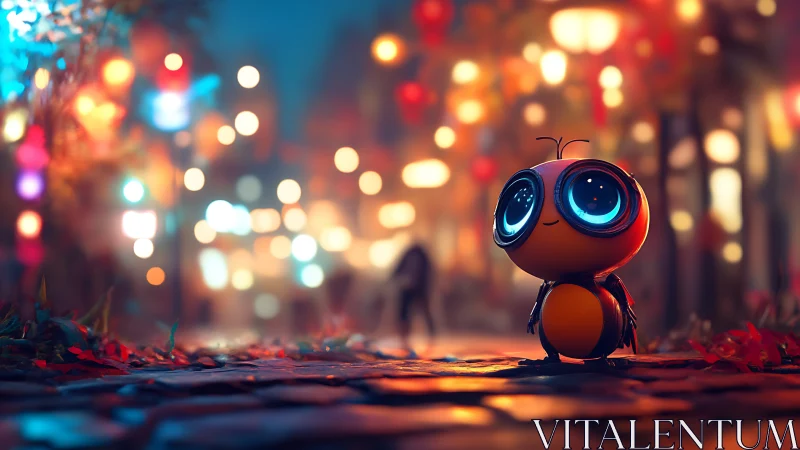 Tiny lantern-eyed bug strolls through a dreamy neon festival