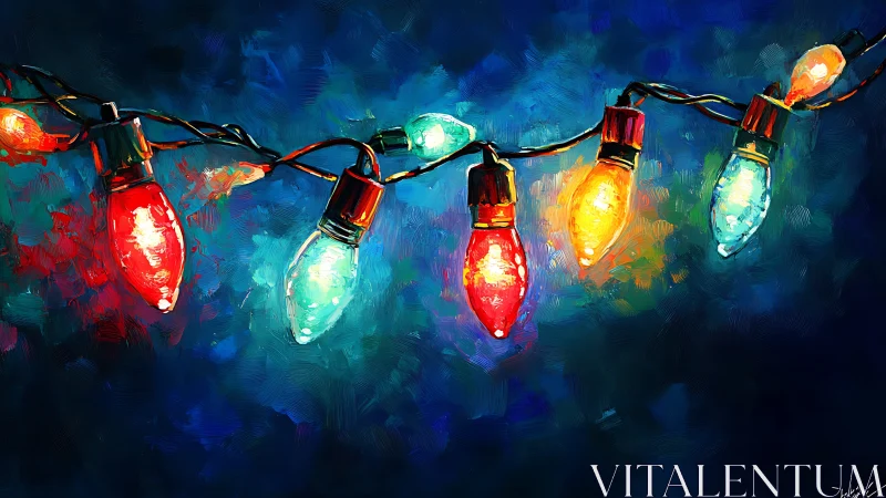 Colorful holiday string lights glow against deep blue night.
