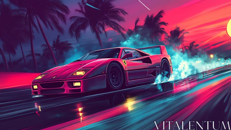 Red sports car on neon coastal highway at dusk environment.