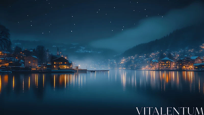 Midnight alpine lakeside village with glowing reflections.