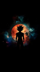 Stellar warrior silhouette before a blazing cosmic moon.