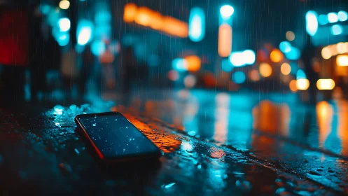 Smartphone abandoned on neon city street in rainfall glow.