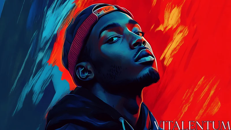 Stylized digital portrait of man in cap on dual color field.