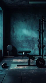 Low-key barbell gym interior renders with cinematic teal lighting