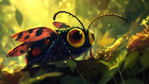 Colorful stylized insect with large eyes in forest light.