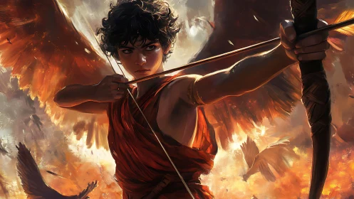 Winged archer youth in dynamic, high-contrast chiaroscuro lighting