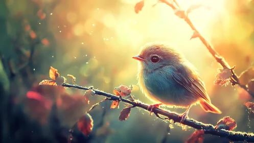 Small Bird on Branch in Dreamy Sunrise Light, Digital Art Style.
