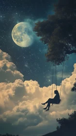 Surreal moonlit sky scene with silhouetted girl on swing composition.