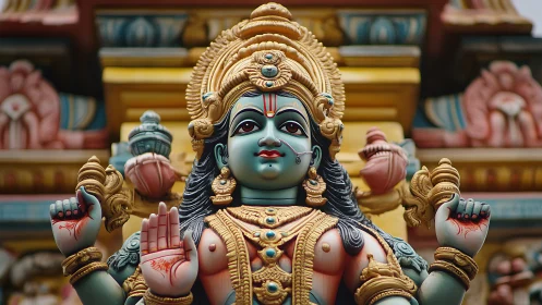 Ornate Hindu deity sculpture in vivid temple reliefs.