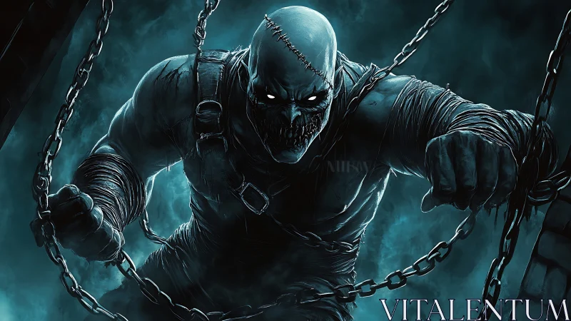 Brooding chained warrior strides through eerie teal shadows.