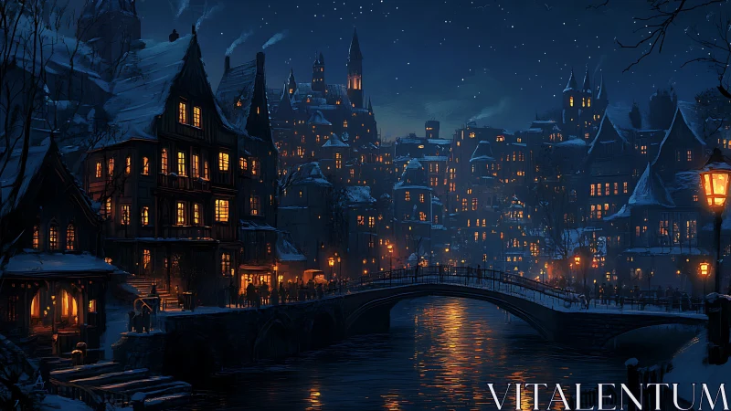 Snow-covered riverside town with illuminated bridge at night.