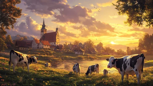 Pastoral riverside village at sunset with grazing Holstein cattle