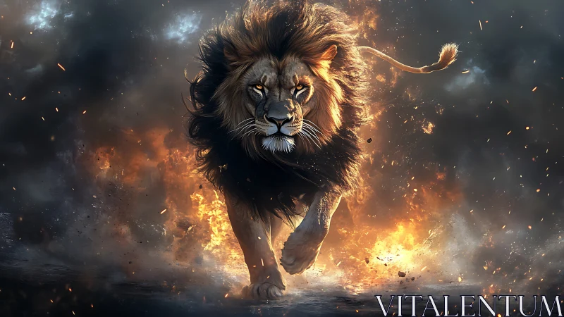 Male lion running through fire and smoke in dark scene.