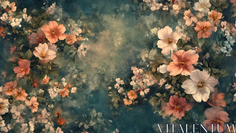 Dense floral arrangement with coral and cream blooms across teal atmosphere