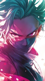 Neon-lit masked warrior portrait with intense violet gaze