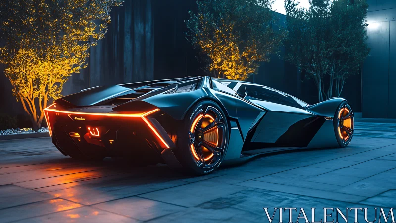 Futuristic electric hypercar glows with neon accents at night