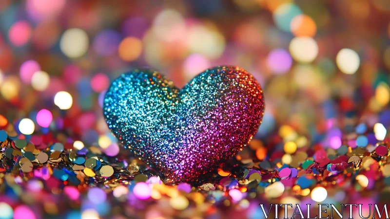 Glitter heart sculpture in prismatic confetti bokeh field.