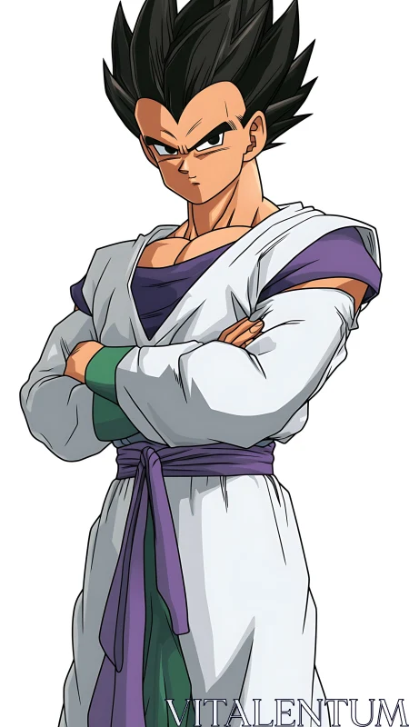 Stoic anime warrior in white gi radiating quiet resolve.