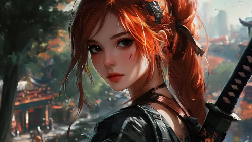 Red haired katana warrior in sunlit neo feudal cityscape