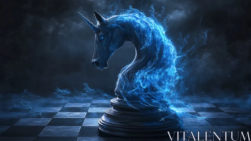 Ethereal blue unicorn knight sculpted in spectral flame.