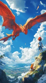 Skyward friends greet a soaring fire bird above bright cliffs