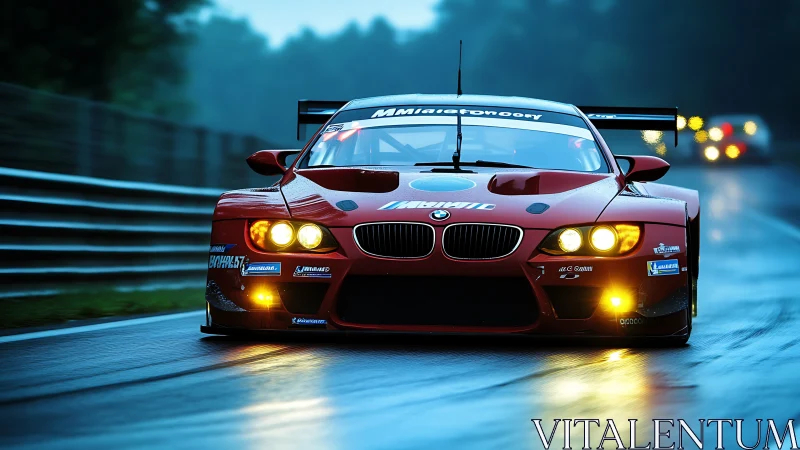 Nightstorm racer hunts the wet track with molten glare.