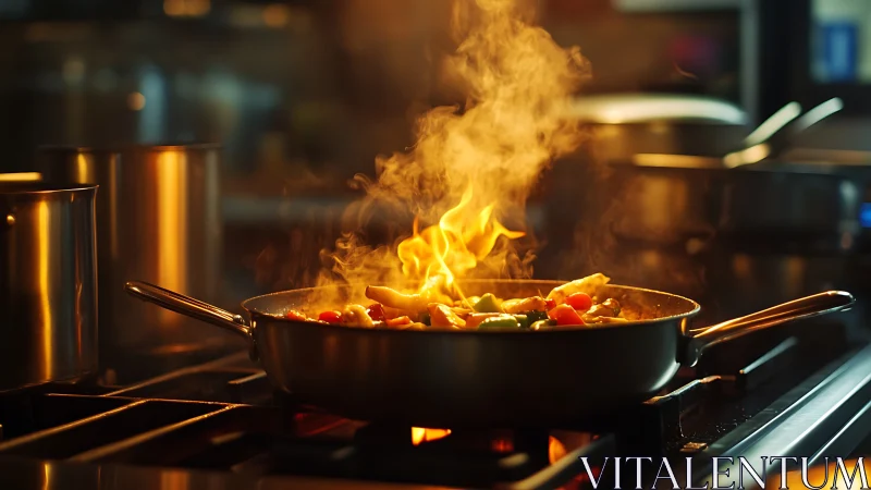 Dramatic Wok Flame in Professional Kitchen. Fire bursts from cooking pan.