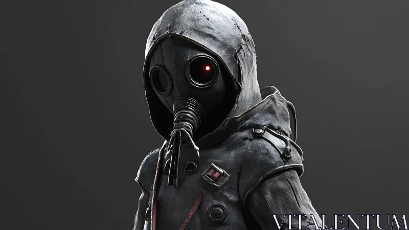 Hooded gas mask figure with glowing red eye in dark gear.