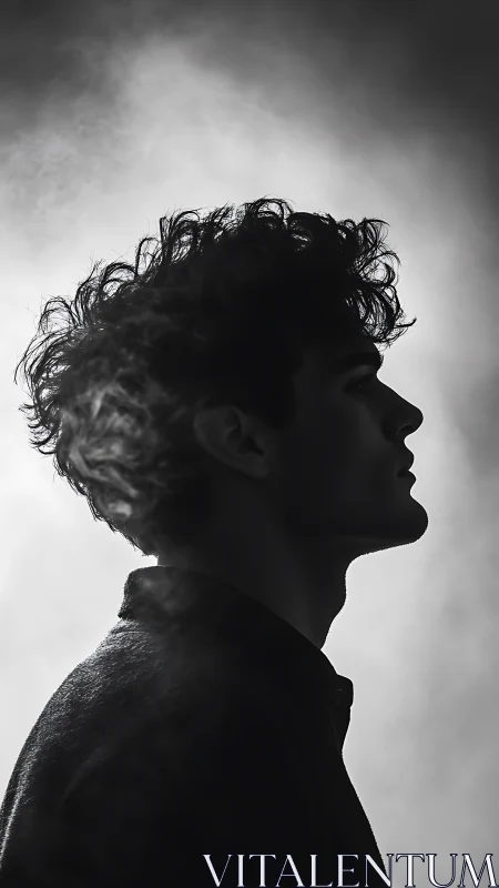 Silhouetted male profile in dramatic backlit portrait.