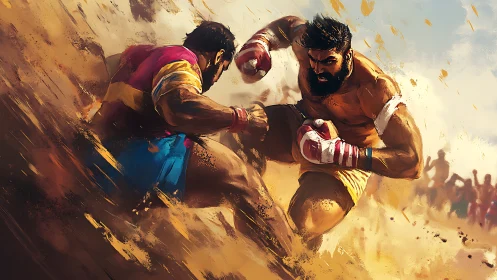 Boxing Match Combat Illustration Against Desert Backdrop.