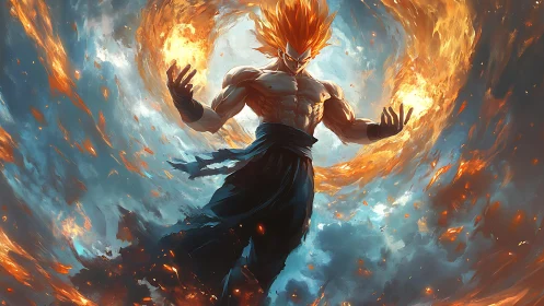 Dynamic digital painting of fiery anime warrior in vortex composition.