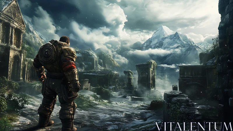Armored explorer surveys misty ruins below snow peaks.