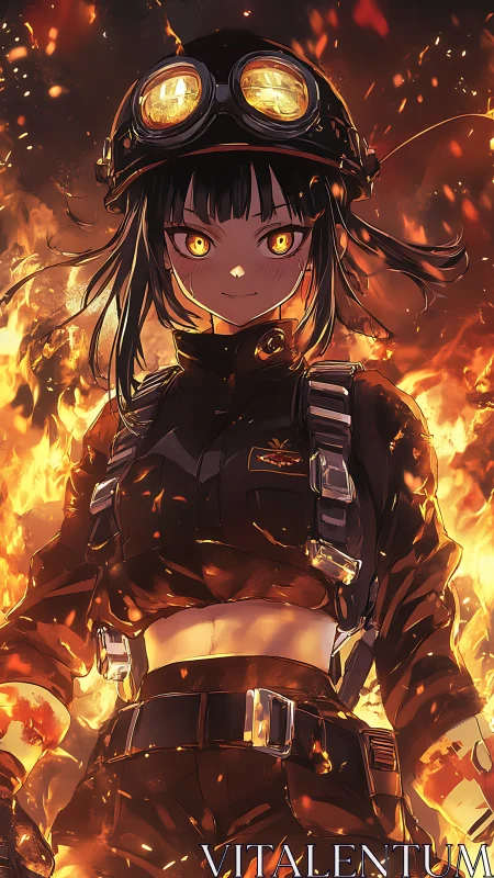 Firelit heroine with glowing eyes in a storm of sparks.