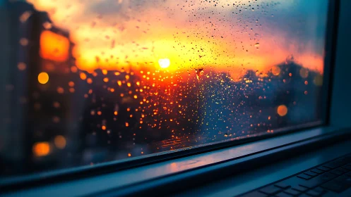 Backlit rain droplets on window pane at sunset exposure.