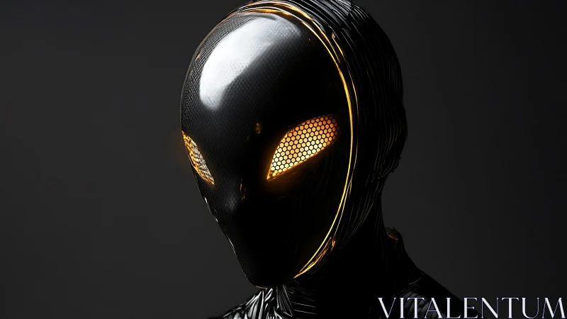 Futuristic black android head with glowing honeycomb eyes.