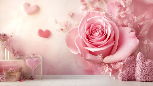 Pink rose mural fills romantic pastel bedroom interior