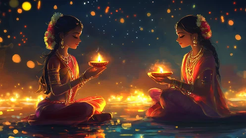 Twin girls float diya lights on shimmering festival river