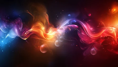 Curved multicolor light trails extend across a dark gradient field