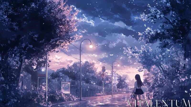 Twilight anime streetscape captures reflective wet pavement glow