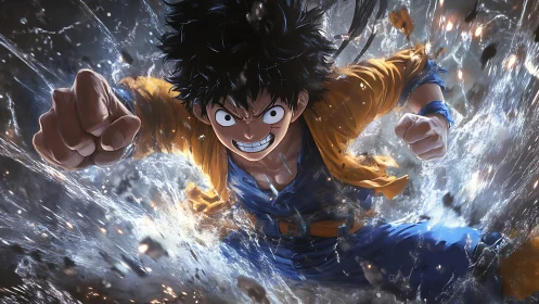 Anime fighter bursts through water in dynamic attack pose.