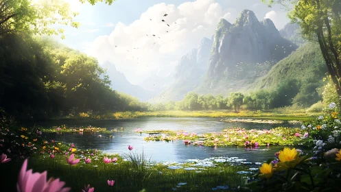 Lake surface reflects distant mountains under diffuse daylight