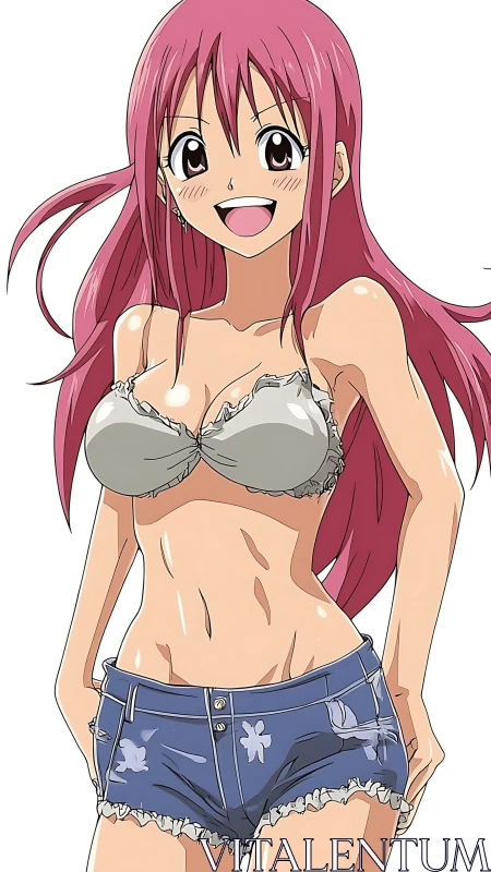 Smiling pink haired anime girl in ruffled bikini and shorts