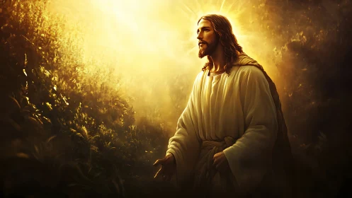 Radiant robed figure walking through glowing golden garden.