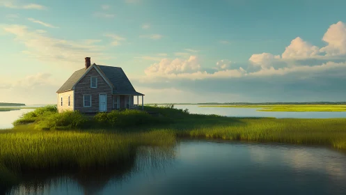 Solitary Coastal House Amid Salt Marshes.