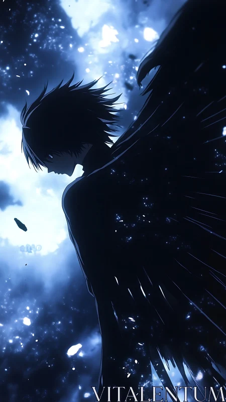 Silhouetted dark angel framed by radiant cosmic backlight.